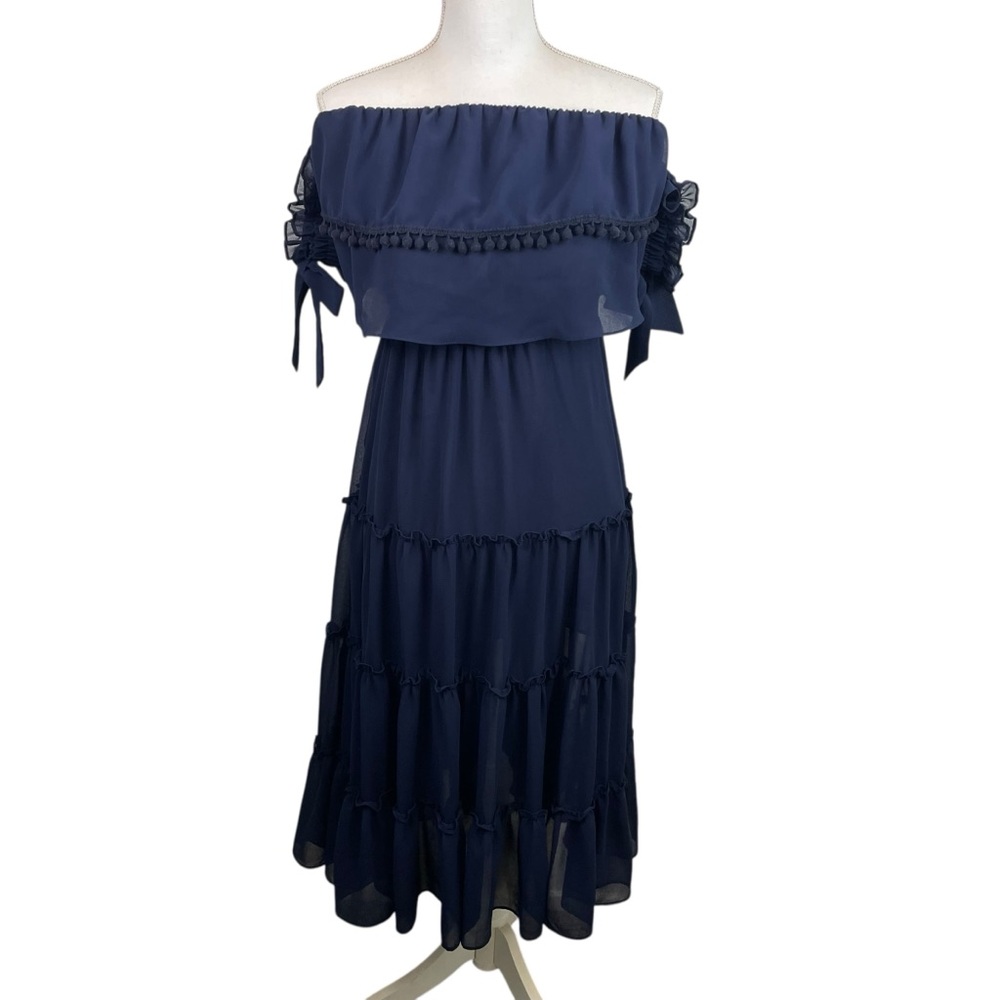 MISA | Micaela Navy Blue Off Shoulder Tiered Midi Dress